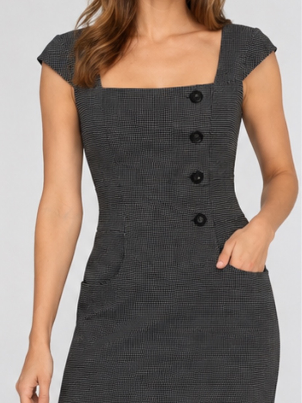 White House Black Market Black Micro-Check Square-Neck Cap Sleeve Dress
